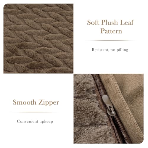 Brown Faux Fur Throw Pillow Covers 18x18 Inch, Set of 2 Embroidered Leaf