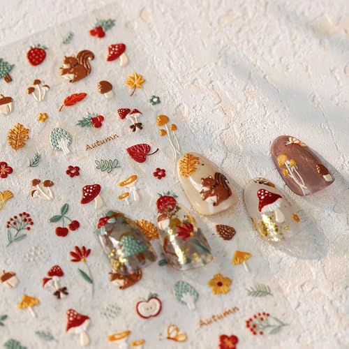 5D Fall Nail Stickers Autumn Maple Leaf & Squirrel Self-Adhesive Decals