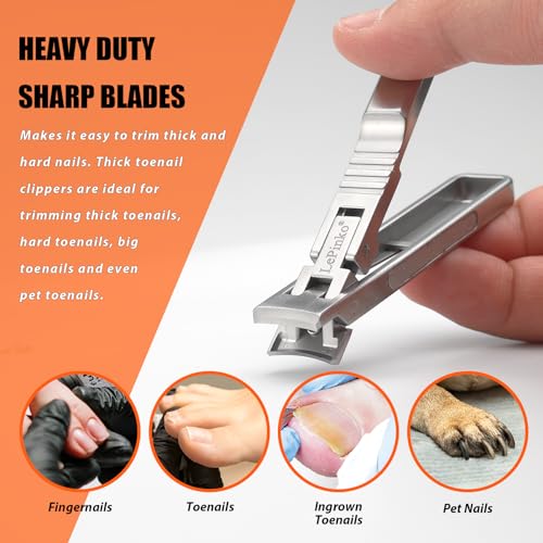 LePinko Wide Jaw Nail Clipper for Thick Toenails with Catcher & Glass Buffer