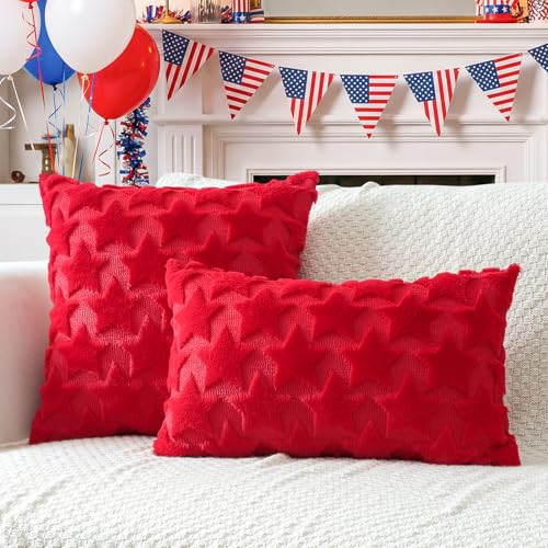 OTOSTAR 4th of July Throw Pillow Cover, 18x18 Inch Red Star Faux Fur Case