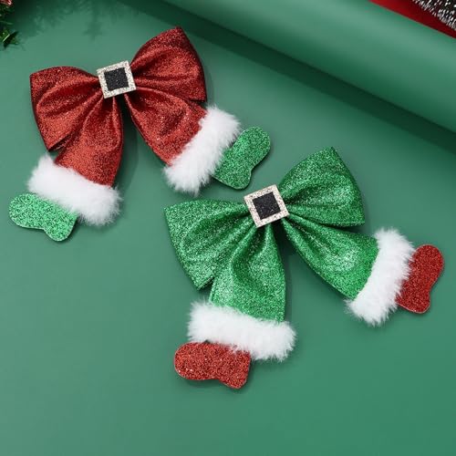Christmas Hair Clips 2-Pack Red Green Glitter Bow Hairpins