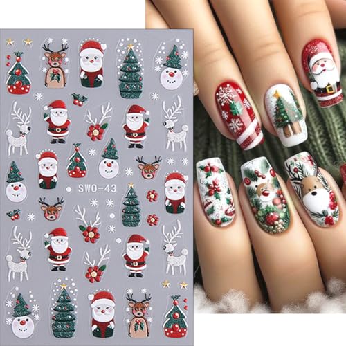 5D Embossed Christmas Nail Stickers Decals Santa Snowman 4 Sheets