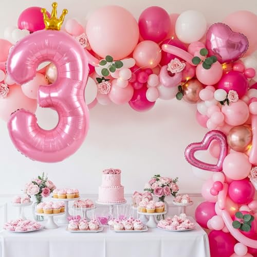 40 Inch Pink Crown Number Balloon for 3rd Birthday Party