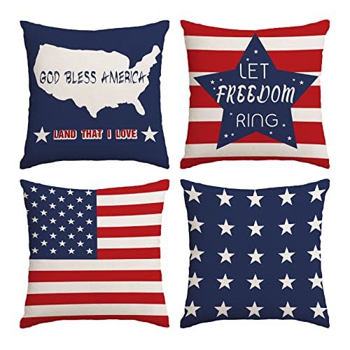 4th of July Throw Pillow Covers 18x18 Set 4 Patriotic American Flag