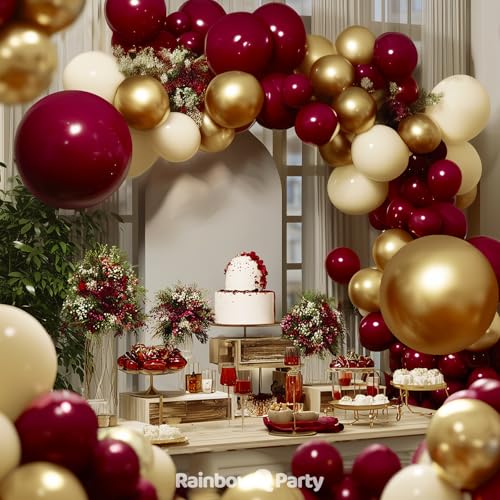 Burgundy Balloon Arch Kit - 165 Pcs with Gold & White Balloons