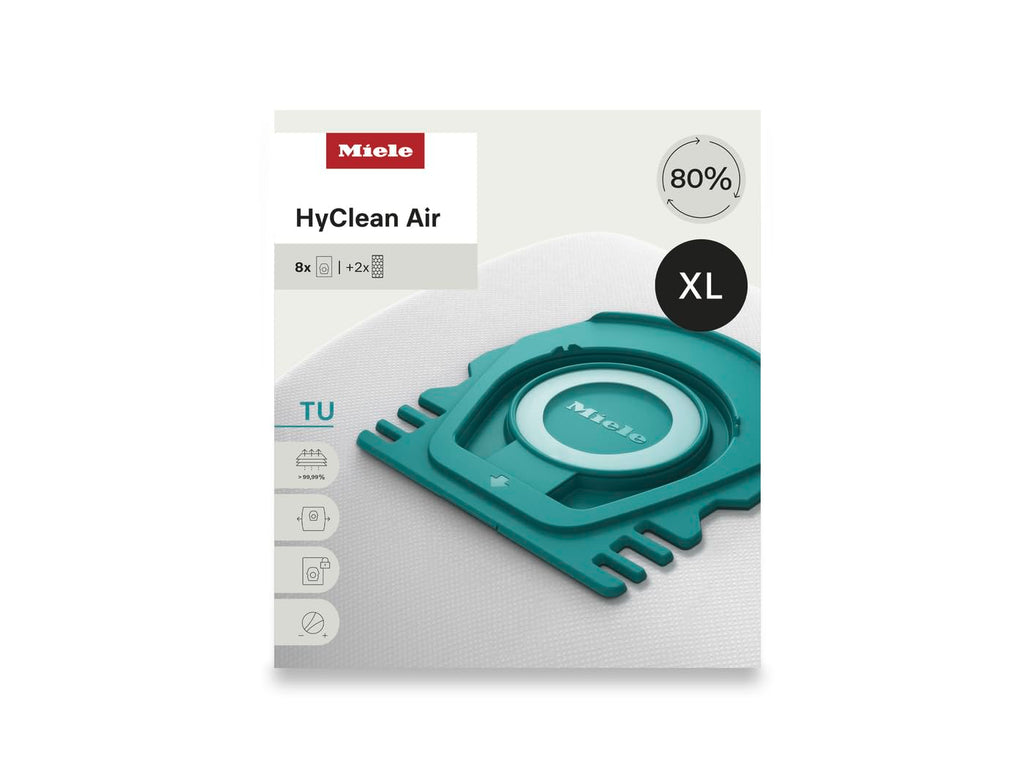 Miele HyClean Air TU Vacuum Cleaner Bags for Miele Guard L1 Vacuum Cleaners, XL Pack of 8 Vacuum Bags and 2 AirClean Exhaust Filters – 12909620