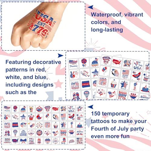 150 PCS 4th of July Temporary Tattoos Patriotic American Flag Stickers