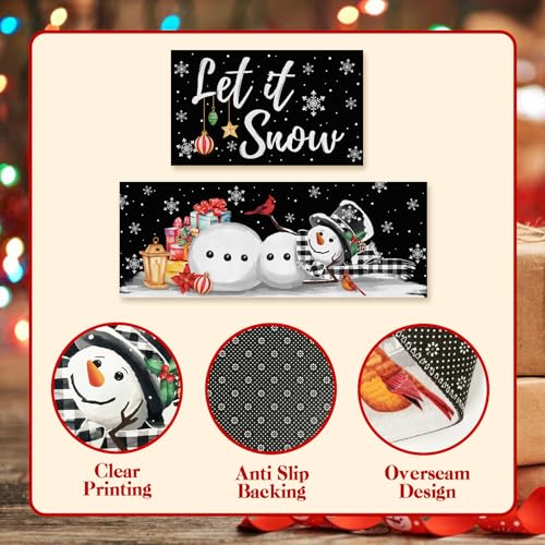 Black Let It Snow Christmas Kitchen Rug Set - 2 Piece Winter Decor