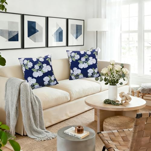 Blue Hydrangea Print 18x18 Inch Boho Farmhouse Throw Pillow Covers Set of 2