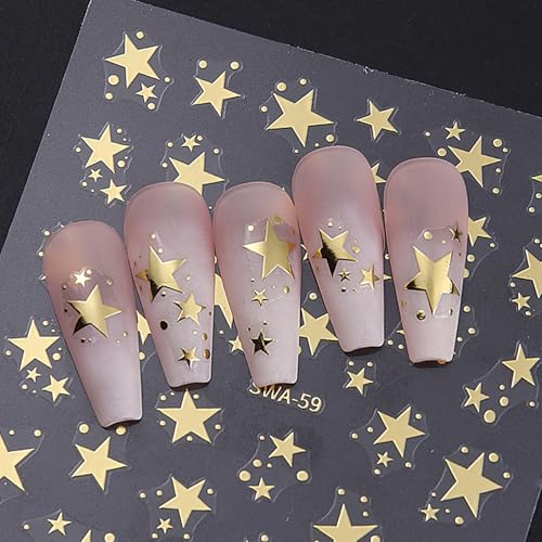 TailaiMei 3D Gold Silver Star Nail Stickers Self-Adhesive Decals (4 Sheets)