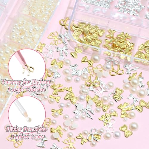 BELICEY 3D Gold Silver Bow Nail Charms & Flatback Pearls Set