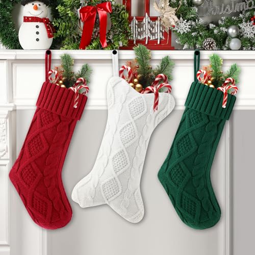 3 Pack Christmas Stockings for Dogs & Family - 18 Inch Knit & 15 Inch Bone Stocking - Red, Green, White