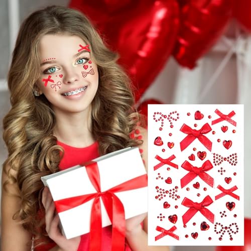 Heart Face Gem Stickers Red Pink Self-Adhesive Rhinestones for Makeup