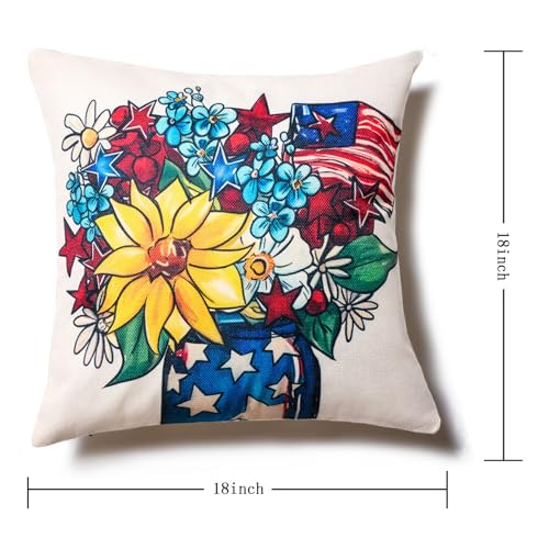 Hongsome 4th of July Patriotic Throw Pillow Covers 18x18in Set of 4, USA Flag Linen Decorations