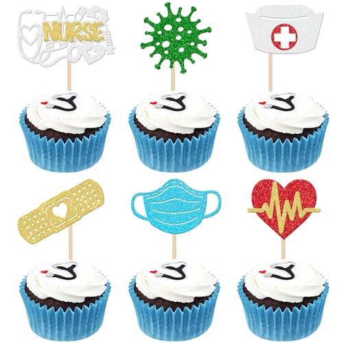 30 PCS Glitter Nurse Cupcake Toppers for Graduation & Parties