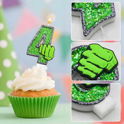 Number 4 Birthday Candle - Green Hero Fist Glitter Cake Topper
