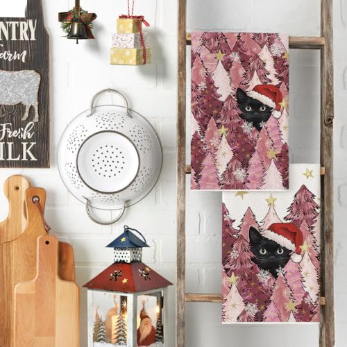 Pink Black Cat Christmas Kitchen Towels Set of 2 - 18x26 Inches