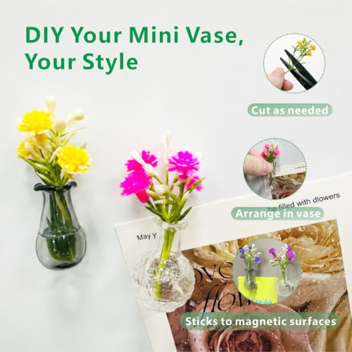 Mini Glass Vase Magnets Set - 6 Pcs Cute Magnetic Vases with Flowers