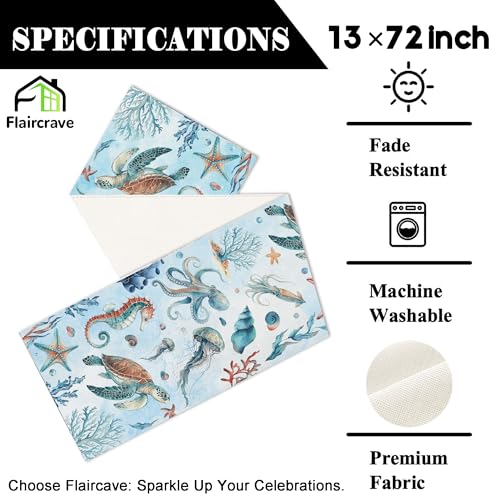 Coastal Table Runner 13x72 Inches | Sea Turtle & Seahorse Design