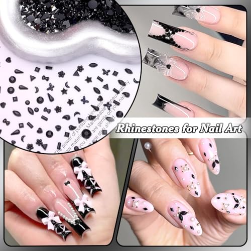 Black Nail Rhinestones 3000 Pcs Multi Shapes 3D Nail Gems Charms