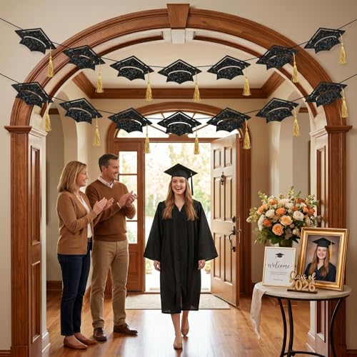 Graduation Cap Banner 2026 with Gold Tassels – Black Glitter Decor