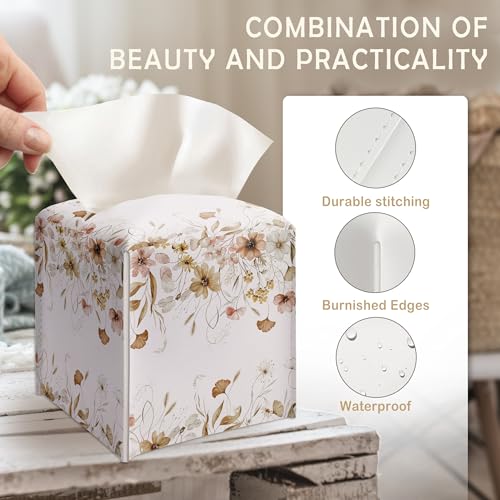 Wildflowers Floral Tissue Box Cover - Premium Leather Case for Home & Office