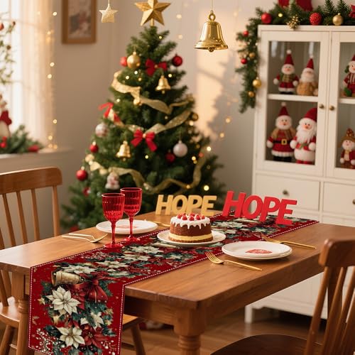 Christmas Table Runner 13x72 Inches - Red Vintage Poinsettia Variation