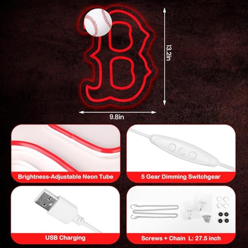 Red Socks Neon Sign - Boston BRS Logo Dimmable Wall Art for Bar Party Man Cave