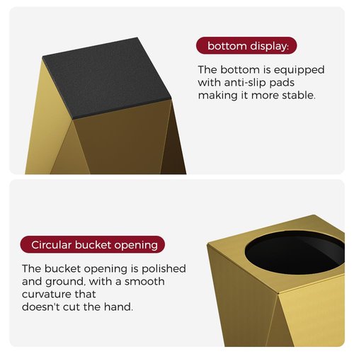 LEASYLIFE 2.6GAL Gold Bathroom Trash Can,Brass Tarsh Can,Open Top,Stainless Steel,Waterproof,Double-Layer with Inner Lining for Bathroom,Bedroom,Office,Living Room,Hotel (Gold)