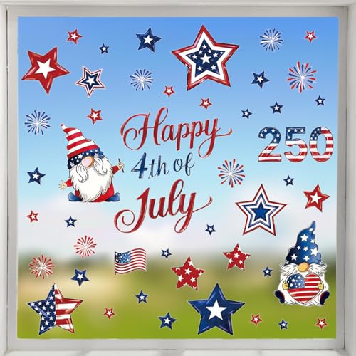 250th Anniversary Patriotic Window Clings - 6 Sheets of Gnome & Star Decals