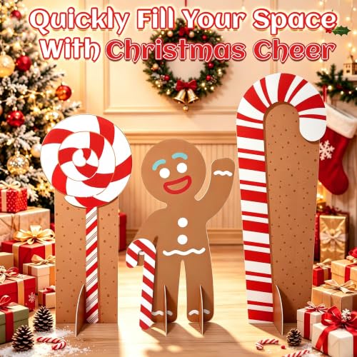 Gingerbread Man Candy Cane Lollipop Cardboard Cutouts - Holiday Decor Set