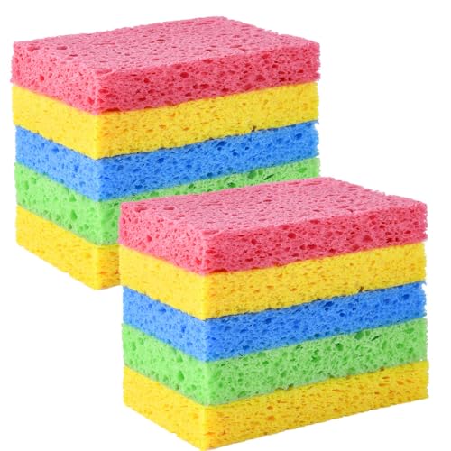 YoleShy 10 Pack Natural Cellulose Kitchen Sponges - Reusable Non-Scratch Dish Scrubbers