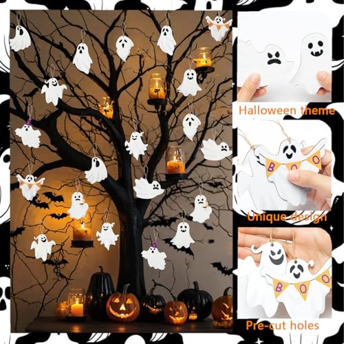 ZRETHFB 20Pcs Wooden Halloween Ghost Hanging Ornaments with Hemp Rope