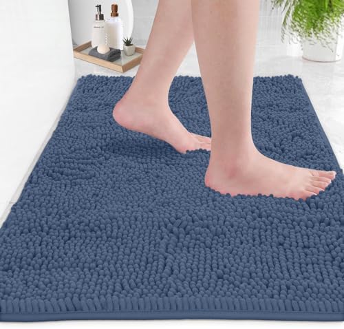 LuxUrux Medium Blue 30x20 Inch Soft Chenille Bath Rug Non-Slip Microfiber Floor Mat
