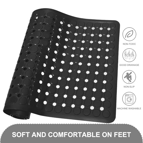 TEESHLY Black Bath Mat with Suction Cups & Drain Holes, 35x16 Inch Non-Slip Shower Rug