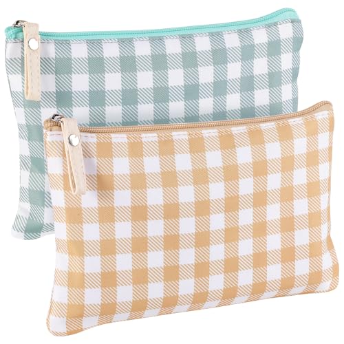 2 Pack Gingham Makeup Bags Small Zipper Cosmetic Pouches Green Brown