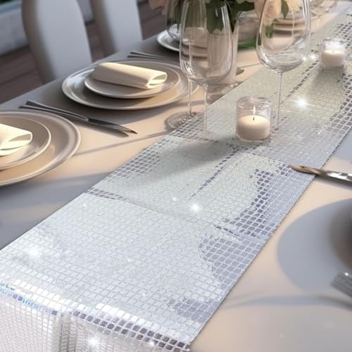 12 x 72 Inch Silver Glitter Disco Table Runner - Party Decor