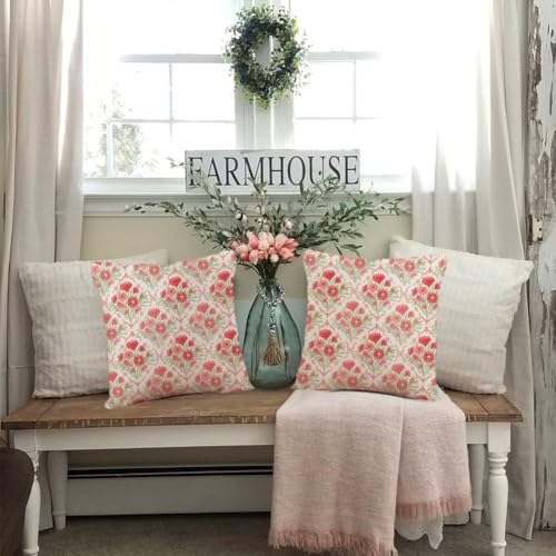 RABUSOFA Waterproof Outdoor Pillow Covers 18x18 Set of 2 - Spring Flower Decor, Red