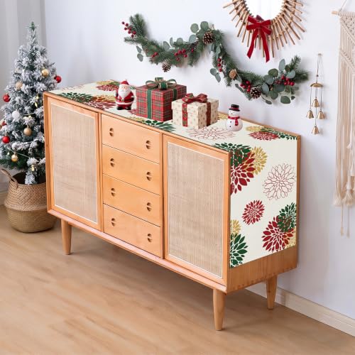Red Green Christmas Table Runner with Dahlia Floral Burlap - 13 x 36 Inch