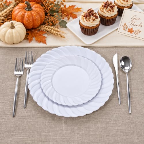 White Plastic Plates for Party Set - Scalloped Edges, 60 Pcs, Dinner & Dessert