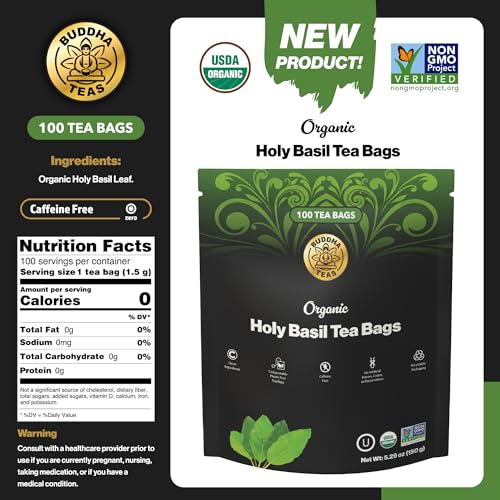 Buddha Teas Organic Holy Basil Tea, Caffeine-Free Herbal Tulsi, 100 Count
