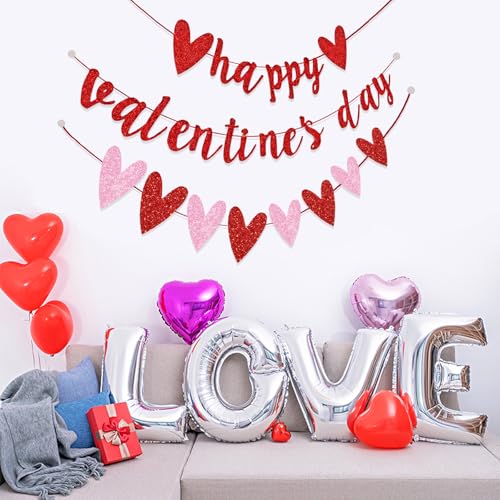 Happy Valentine's Day Glitter Banner with Heart Garland - 9.8 ft