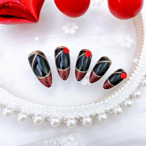ZRETHFB Red French Tip Press on Nails Medium Almond Rhinestone False Nails