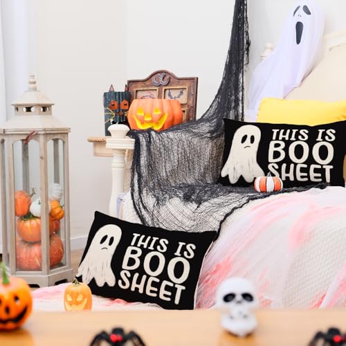 Halloween Pillow Covers Set of 2 | 12x20 Ghost Designs for Home Decor