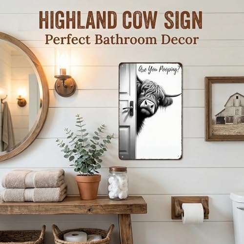Funny Highland Cow Tin Sign - Are You Pooping? 8x12 Inch Bathroom Decor