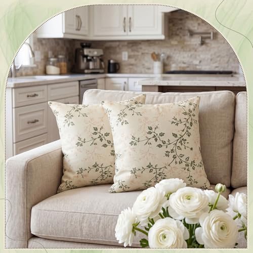 Vintage Floral Throw Pillow Covers 18x18 Inch - Green & Cream