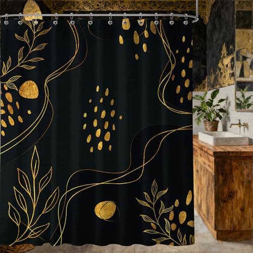Black and Gold Waterproof Shower Curtain - Boho Mid Century Modern 70x72