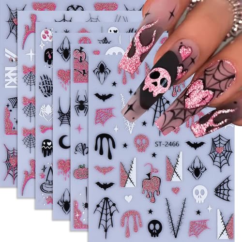 Pink Halloween Nail Art Stickers 3D Self-Adhesive Ghost Skull Decals 6 Sheets