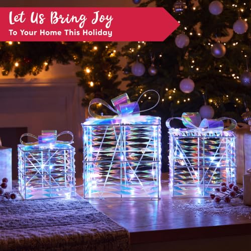 Iridescent Christmas Lighted Gift Boxes Set of 3 - Light Up Holiday Decor