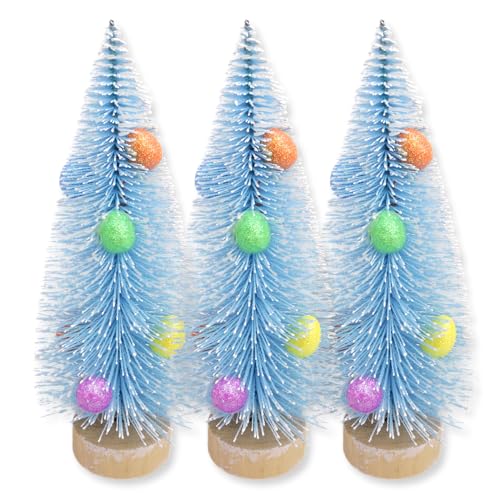 Needzo Blue Easter Bottle Brush Trees with Sparkly Eggs - 8 Inch 3-Pack